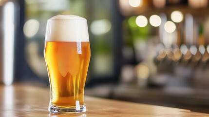 Refreshing glass of beer in a bustling brewery atmosphere surrounded by wooden barrels and lively patrons enjoying drinks