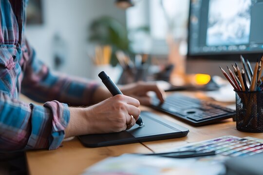 a person works as graphic design or a creative artist at their desk. The person uses a stylus and graphic tablet and computer to bring imagination into reality