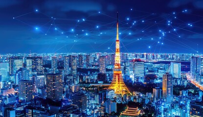 Tokyo cityscape at night, illuminated with futuristic network connections