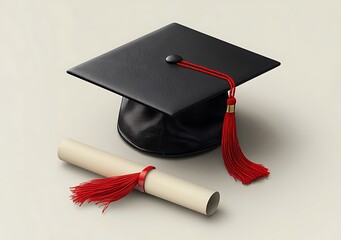 Graduation Cap With Red Tassel And Diploma On A Simple Background