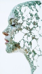 Obraz premium Human face emerging from broken glass fragments in artistic portrait