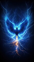 Neon Blue Electric Phoenix Rising With Lightning Strikes