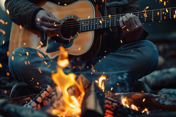 An intimate evening by the campfire, where music, warmth, and nature create a perfect escape.
