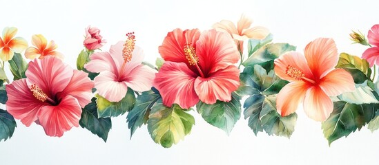 Hibiscus flower border, tropical design, white background, fabric print