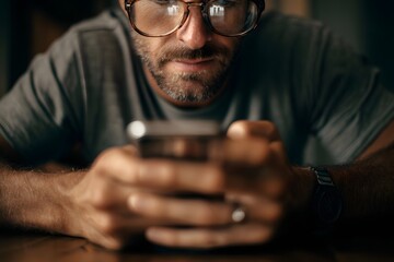 Close-up shot of a man focused on his phone, creating a sense of concentration and contemplation. The man's glasses reflect the screen, showing engagement