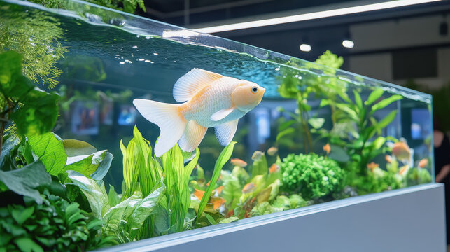Elegant aquatic display featuring a graceful fish swimming in a well-cared fish tank surrounded by decorative elements