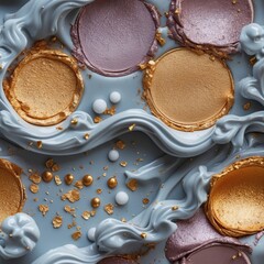 Abstract seamless pattern background. Grey waves with gold and purple circles. Shiny dots scatter across background.