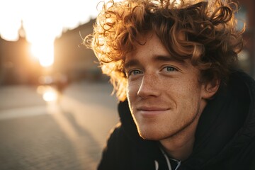 A portrait of a young man with curly red hair, bathed in golden sunlight, showcasing a warm and inviting smile. The photograph captures a moment of genuine happiness and natural beauty.