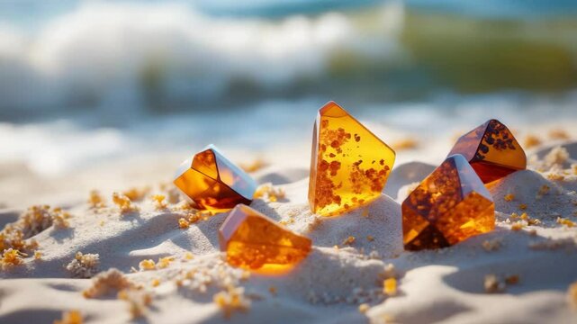 Amber on the sand with waves in the background.