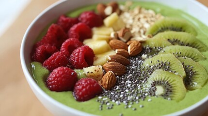 A healthy smoothie bowl topped with fresh fruits and nuts, vibrant and clean aesthetic 