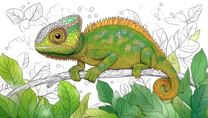 Obraz premium A colorful chameleon perched on a branch surrounded by foliage