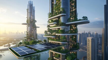 A futuristic skyscraper with solar panels and green rooftops, eco-friendly architecture 