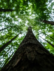 Fototapeta premium A tall tree viewed from below, surrounded by lush green foliage.
