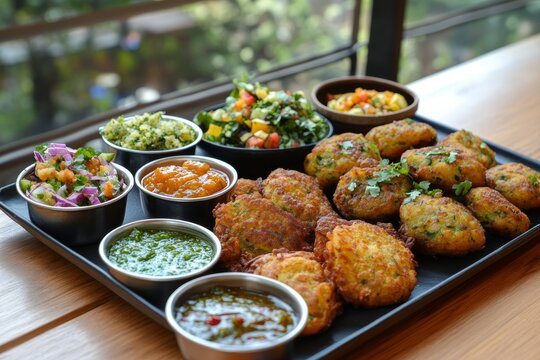 Platter filled with bonda, deep-fried veg fritters, small bowls of salsa, guacamole, and meatballs. Concept of bonda highlighting colorful, delicious, party-ready snacks.
