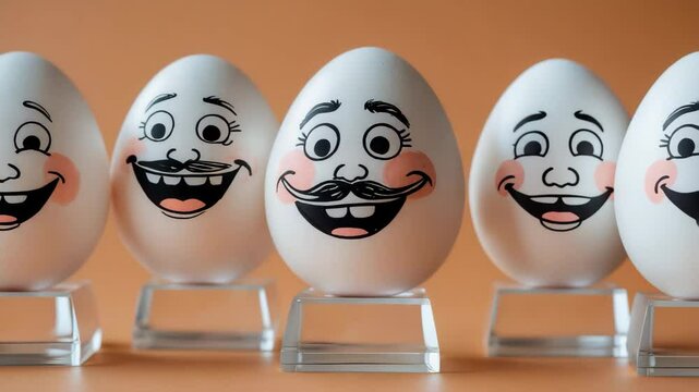 A close-up view of four eggs adorned with whimsical painted faces representing different emotional states of individuals.