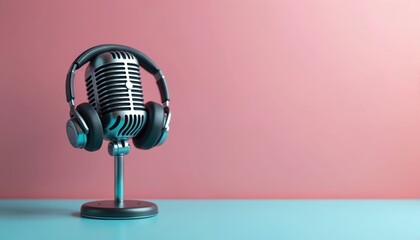 Vintage microphone with headphones on blue, pink background. Audio equipment, sound studio concept for podcasting, radio, voice recording. Retro tech, podcasting mic, music recording gadget.