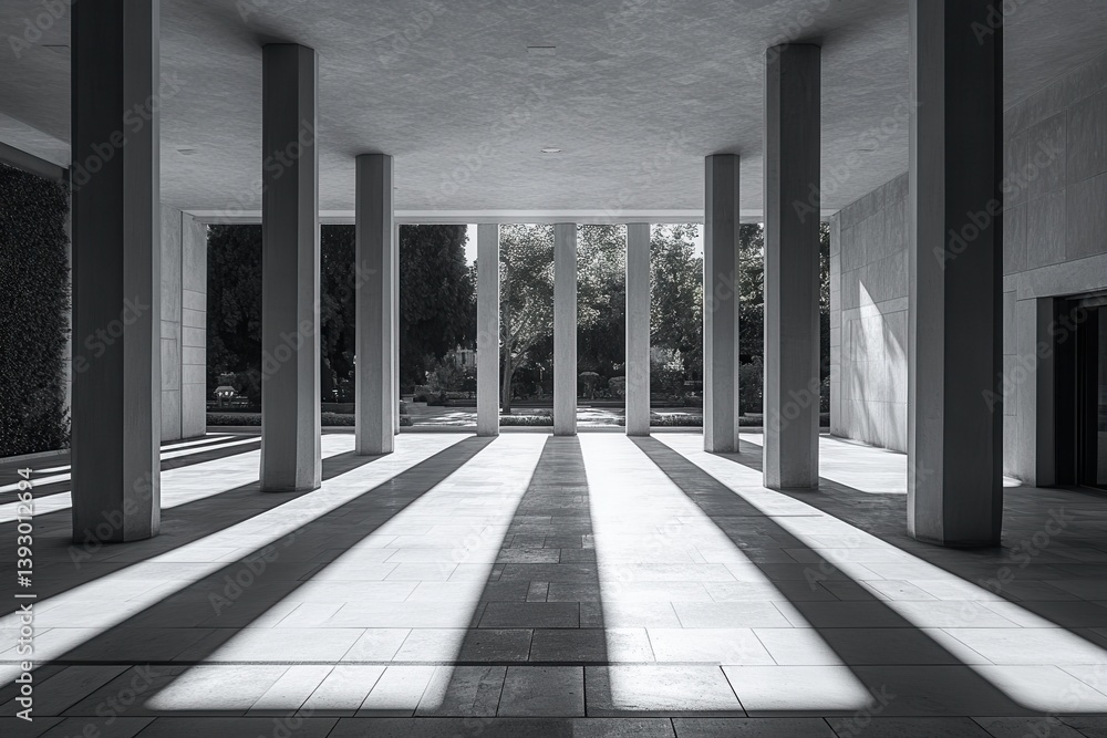 Poster monochrome architecture with tall columns and shadow patterns in modern building interior