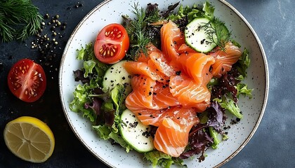 Fresh Salmon Salad with Vegetables and Fresh Herbs Beautifully Presented