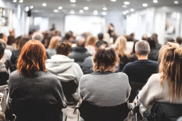 Fototapeta premium Audience in a presentation at a conference or seminar. The image portrays a group of individuals attentively watching a presentation