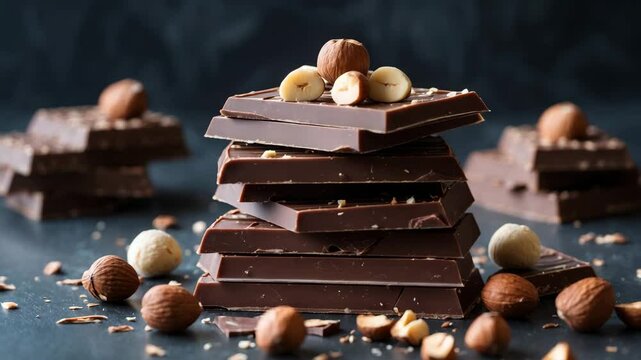 Delicious milk chocolate bars with nuts showcased on a table up close. A stack of chocolate slices with hazelnut and almond bits piled together. A theme of sweet food videography. Fragments of broken