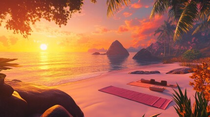 A relaxing yoga session on a beach at sunrise, peaceful and tranquil environment 