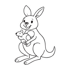 A vector illustration of a happy kangaroo holding a baby kangaroo in its pouch. The kangaroo has thick, black outlines and is drawn in a simple, but engaging style.