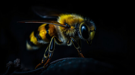 A dramatic close-up of a bee in a dark setting, highlighting its vibrant colors and intricate details.