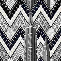 Stylish Black White Art Deco Cityscape Geometric Pattern New York State Retro Lines Print Style     