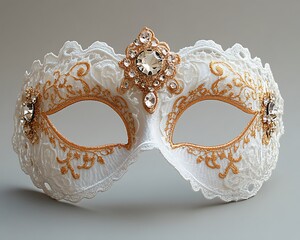 An Elegant White Masquerade Mask Decorated with Gold and Jewels