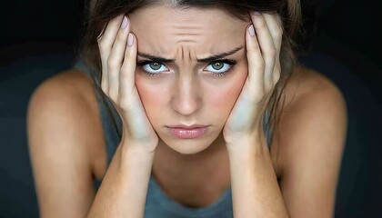 Naklejka premium Woman stressed, head in hands, dark background