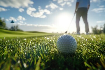 Golfer about to tee off on a beautiful morning golf course
