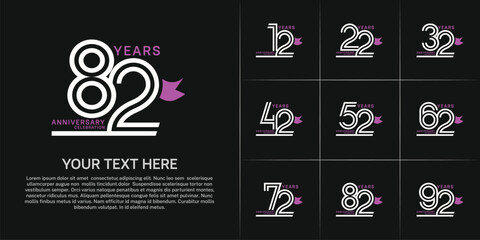 Anniversary logo style double line number set with ribbon. white color on black background for celebration event