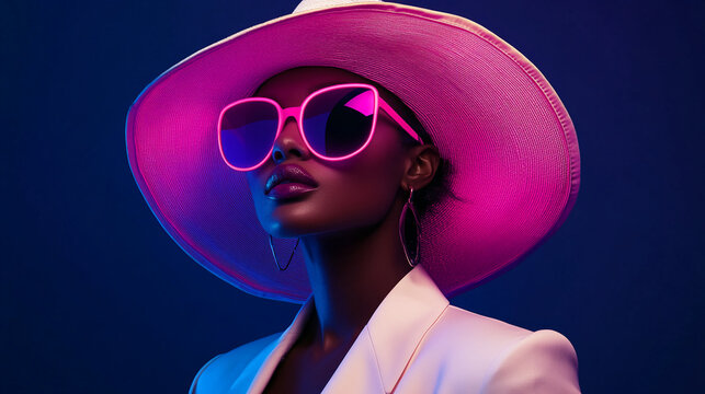 Woman wearing wide-brimmed pink hat and pink sunglasses against a dark blue background, creating a stylish and vibrant fashion image, showcasing summer elegance