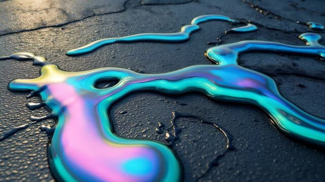 An oil slick on a soaked road symbolizing the threat to nature.