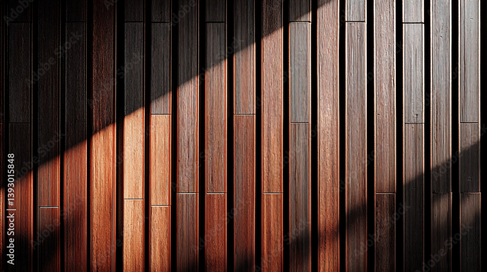 Poster dark brown wood paneling with vertical lines, illuminated by sunlight creating contrasting shadows, 