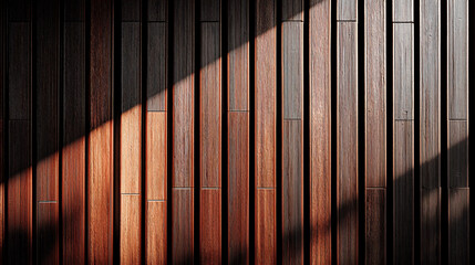 Dark brown wood paneling with vertical lines, illuminated by sunlight creating contrasting shadows, showcasing a textured and modern design ideal for background or architectural applications