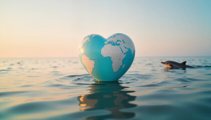 Heart-shaped globe floating on calm ocean at dawn, symbol of peace