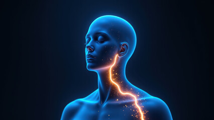Illustration of a human head with highlighted VNS implant showing the effects of Vagus Nerve Stimulation.