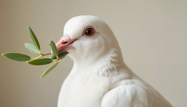 Peaceful white dove holding olive branch against soft background, peace symbol