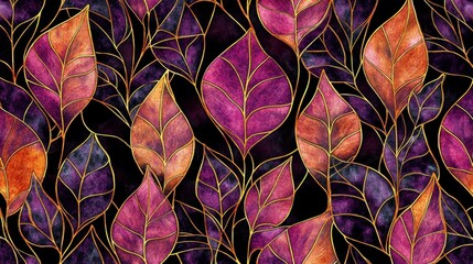 Vibrant Purple and Orange Leaves on a Dark Background Design