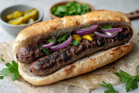 Bosna on white bread roll, medium-rare, dark brown sausage topped with red onions, corn, green herbs. Concept of warm, inviting Bosna featuring Austrian sausage sandwich.