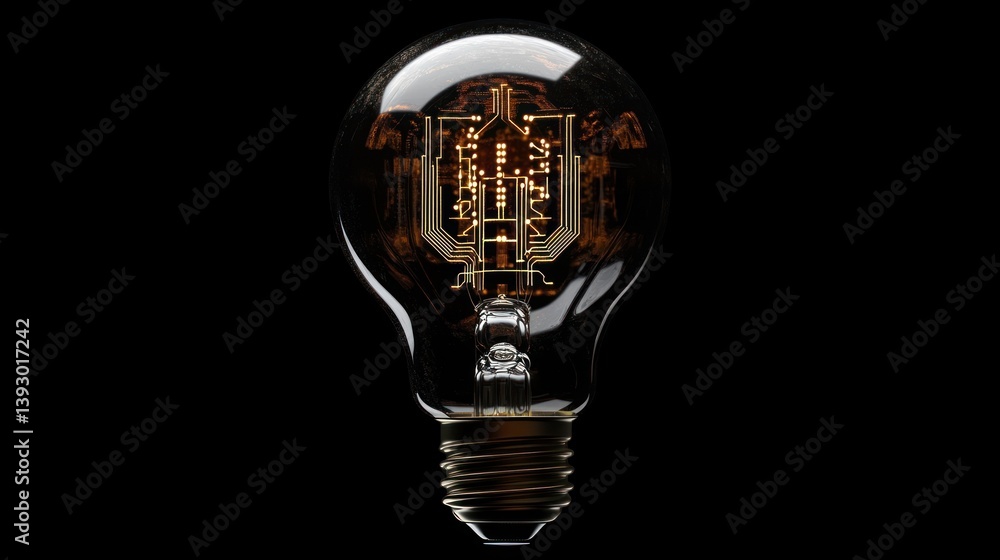 Poster artificial intelligence: conceptual lightbulb with integrated circuit design
