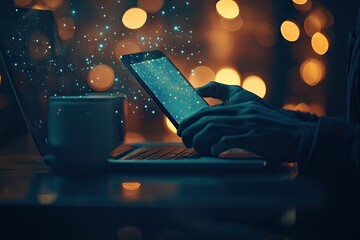 Person using tablet, laptop, and a coffee cup in a warm, lit setting.  A digital data overlay is visible on the tablet screen
