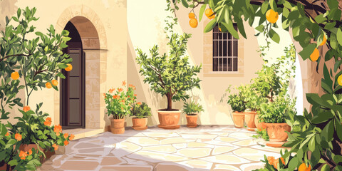 Obraz premium Peaceful courtyard in a southern town with lemon trees and spring flowers.