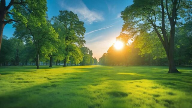 Sunset nature backdrop featuring a green grassy meadow and a forest of trees under a blue sky.