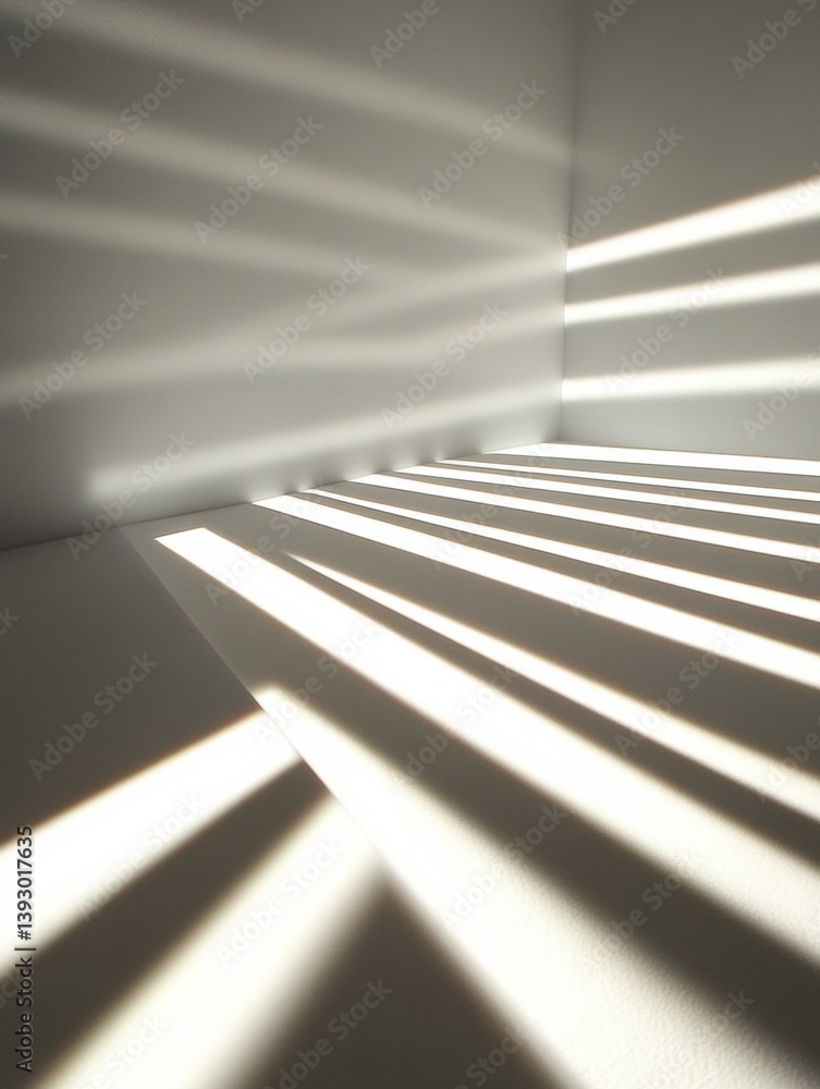 Leinwandbilder Light strips create geometric shadows on a pristine white surface in a modern art setting during daylight