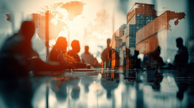 Tariff import negotiation concept. A blurred meeting scene overlaid with shipping containers and a world map, suggesting global business and collaboration in a dynamic environment.