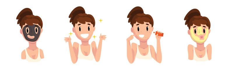 Woman Character Enjoy Everyday Skin Care Routine Vector Set