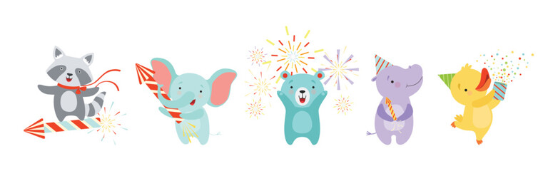 Obraz premium Cute Animal with Fireworks Enjoying Holiday Celebration Vector Set