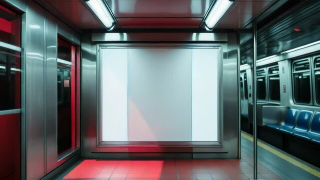 Shopping mall lighting template for indoor and outdoor use. Vacant billboard mock-up located in a subway station, underground setting. Vertical urban light box interior advertisement.